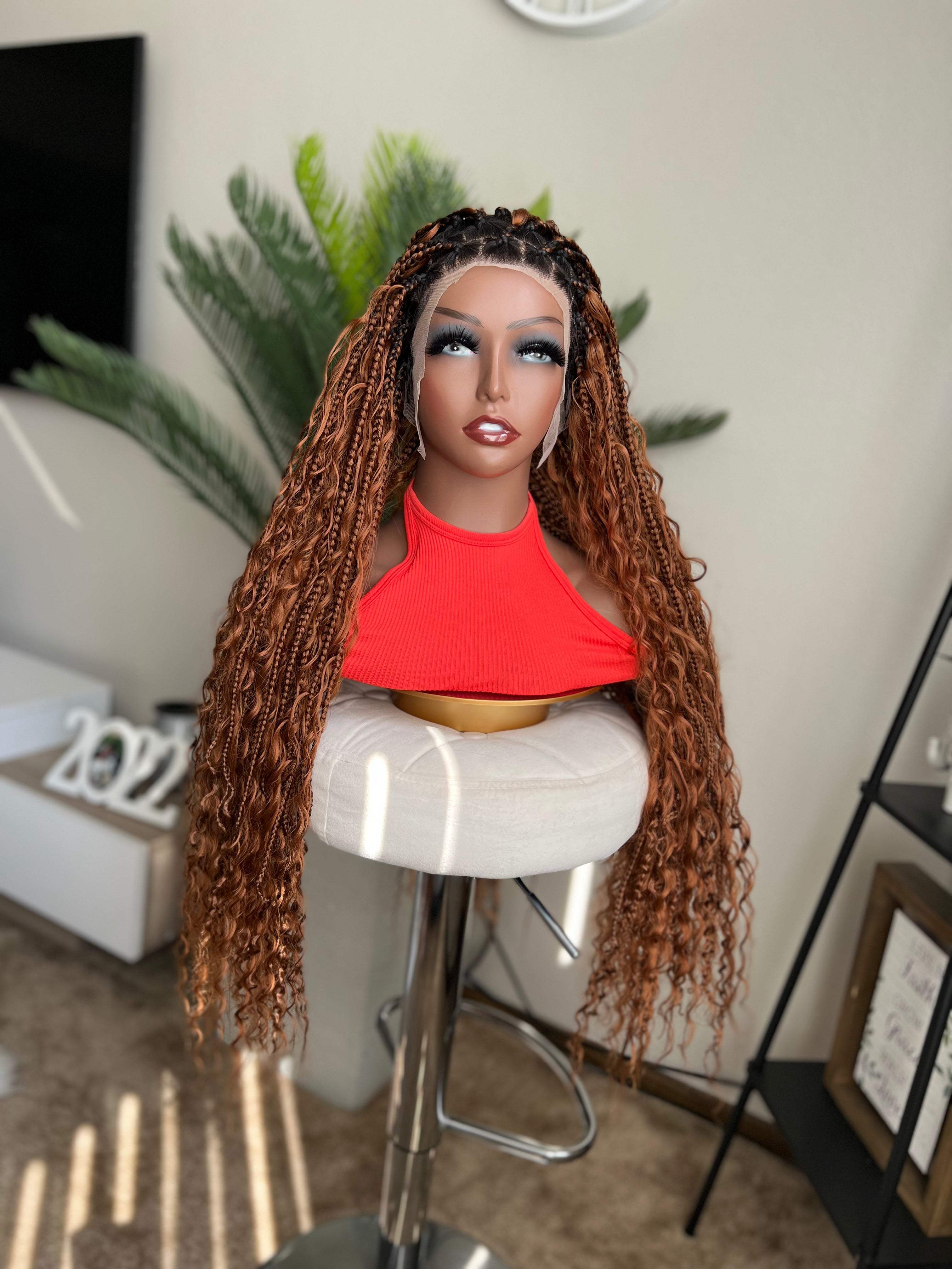 BOHOMIAN braids lace frontal 13*6 wig braids with human curls hair made with hands .