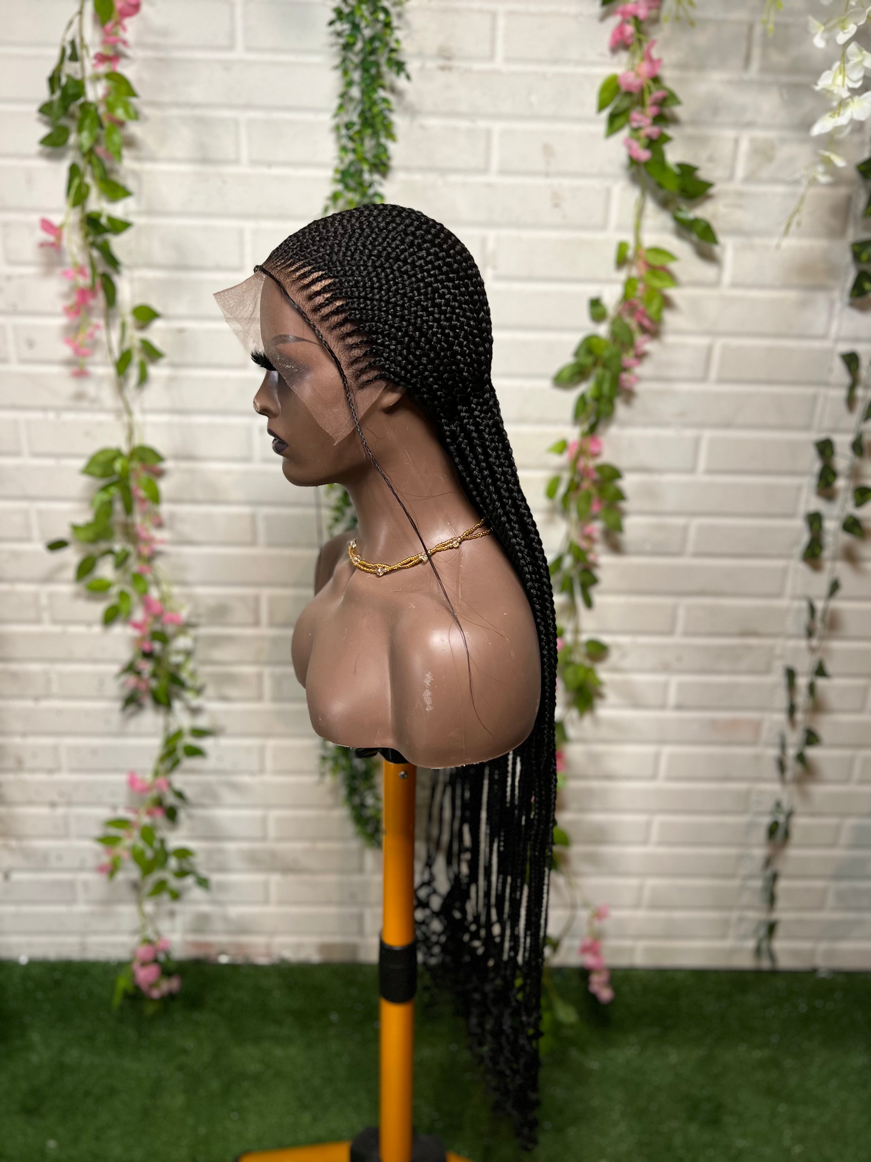 Feed-in braids wig lace frontal braiding with hands.