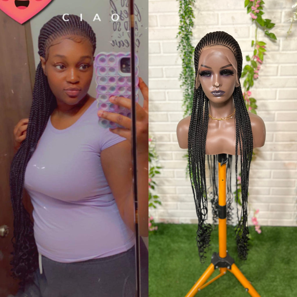 Feed-in braids wig lace frontal braiding with hands.